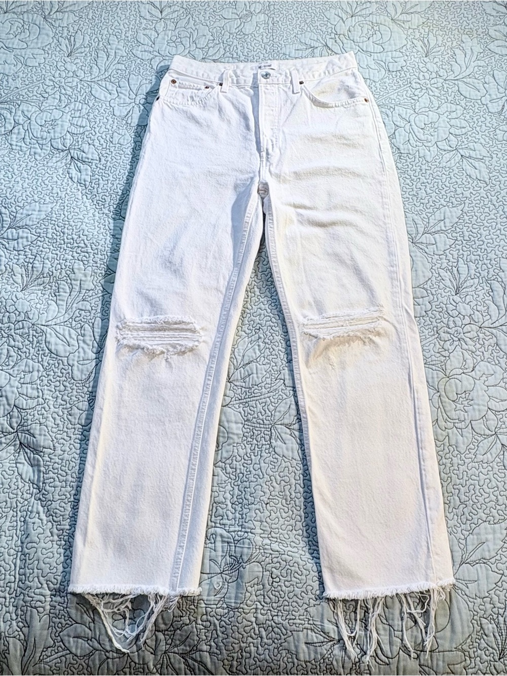 💥RE/DONE 70s High Rise Stove Pipe Worn White Distressed Jeans Sz 27🧡